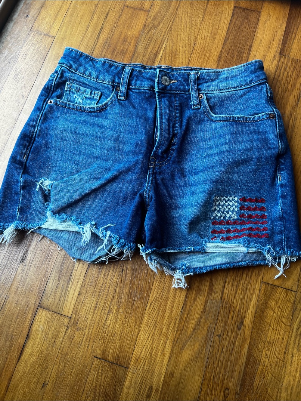 Old Navy Blue Distressed Denim Shorts with Embroidered Flag